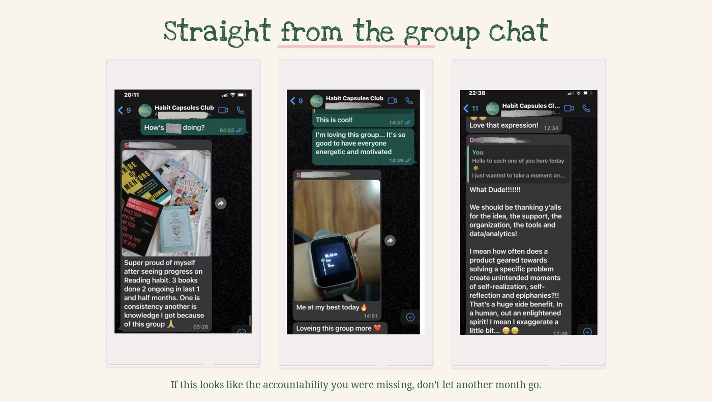 Three WhatsApp screenshots from the Habit Capsules Club group chat: a member proud of finishing three books, a member loving the group's energy, and a long message thanking the group for unexpected self-realisation.