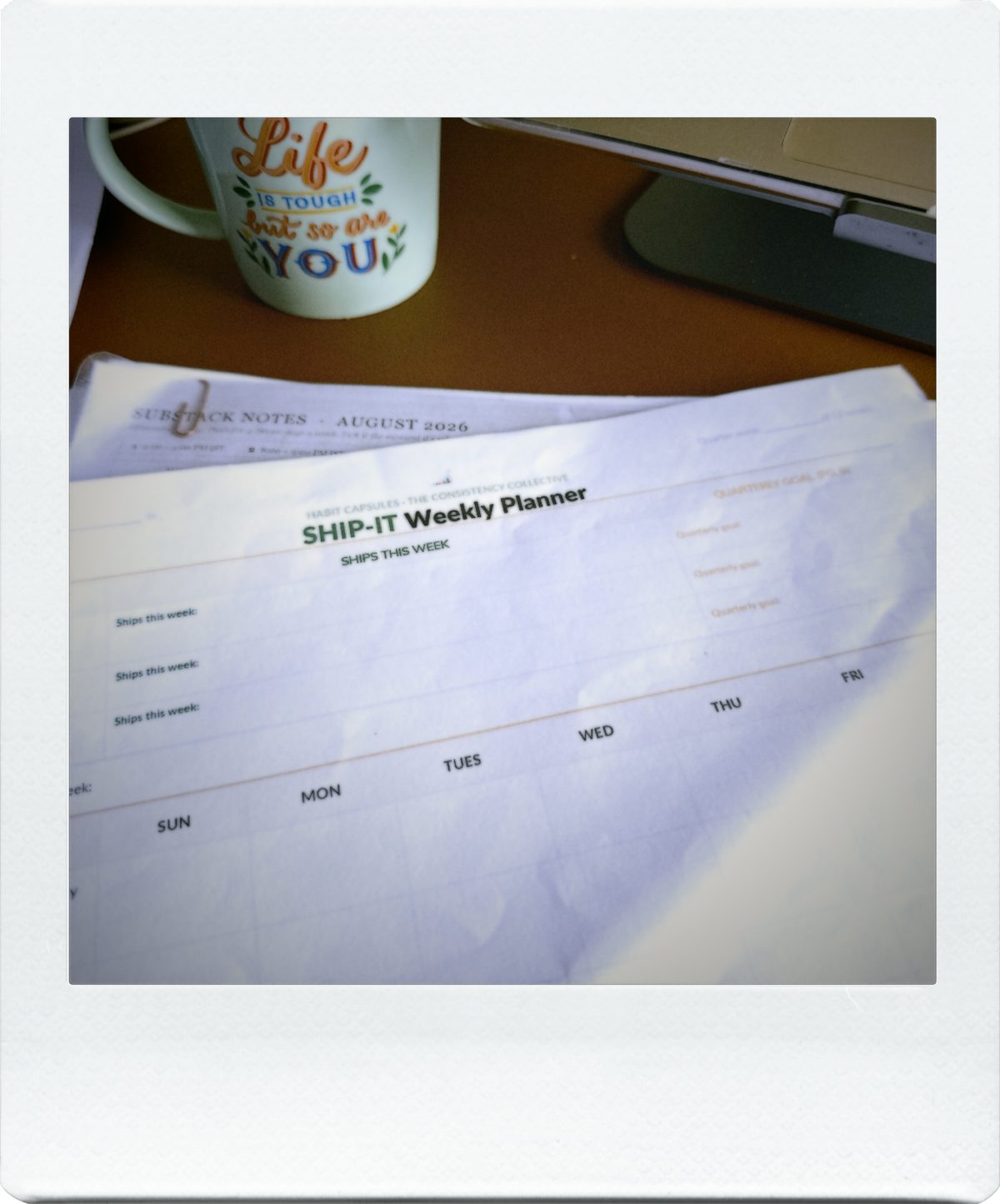 Tina Nayak's Ship-It weekly planner on a desk beside a mug, where the habit tracking started