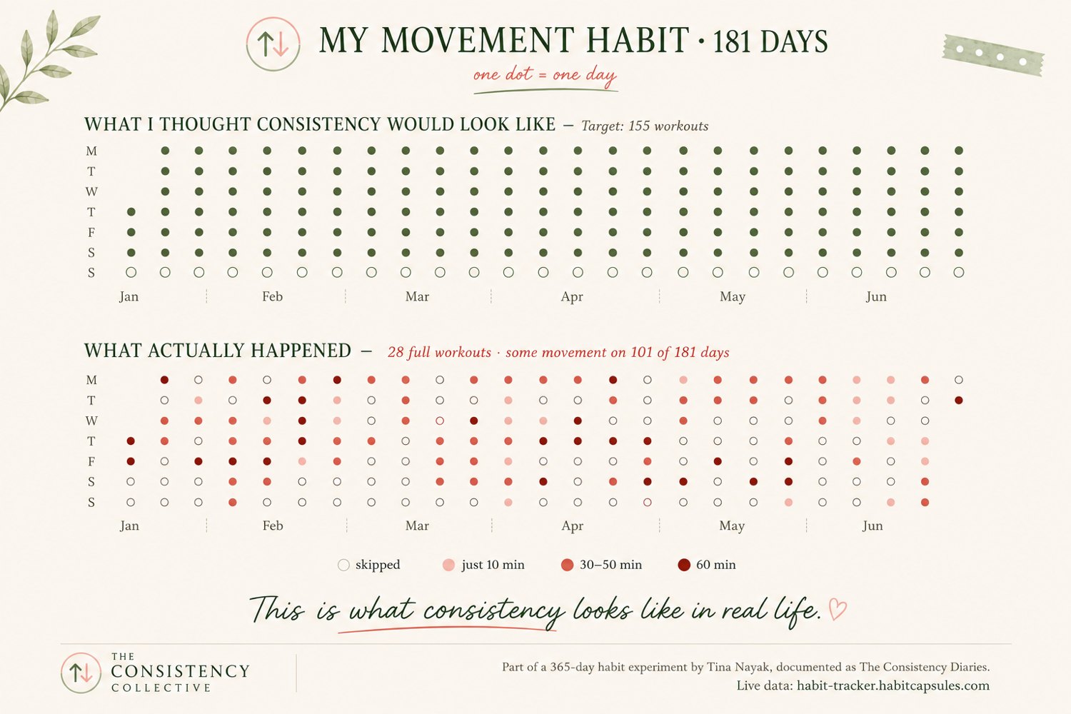 Two dot grids comparing my movement habit over 181 days. The plan was 155 workouts. What actually happened was 28 full workouts and some movement on 101 of 181 days.